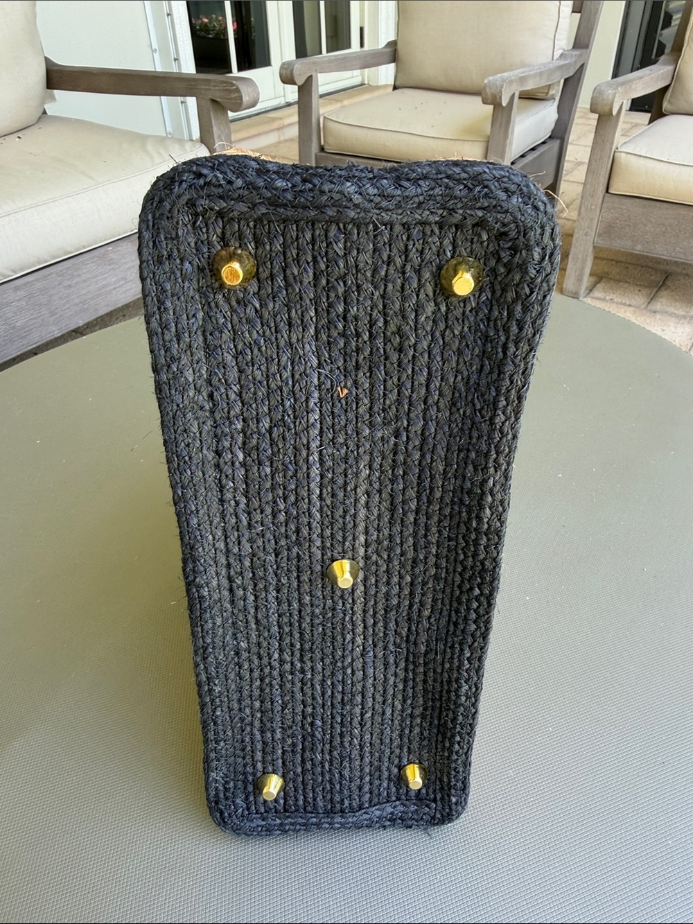 Woven Straw Birkin Style Purse with Navy Trim/Accents and Gold tone hardware. - Picture 4 of 10